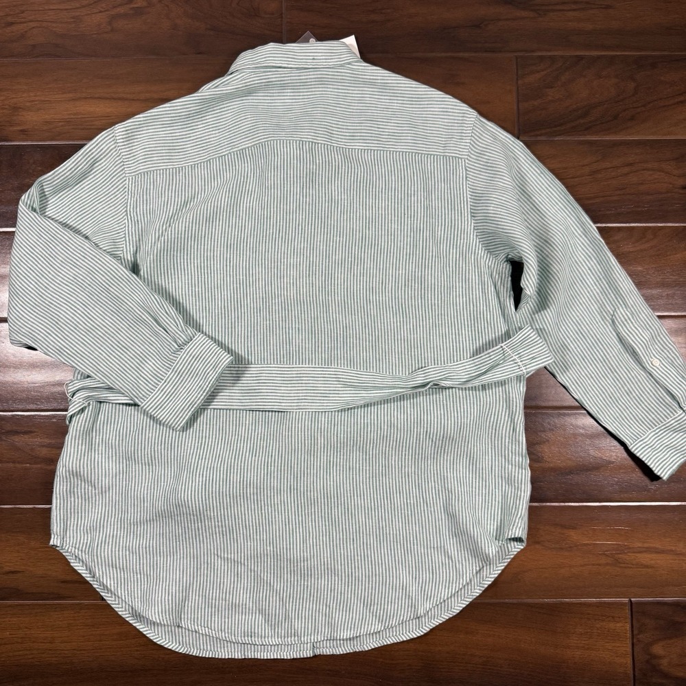 Lauren Ralph Lauren Women's Size 1X Green White Striped Belted Linen Shirt Top - Picture 7 of 10